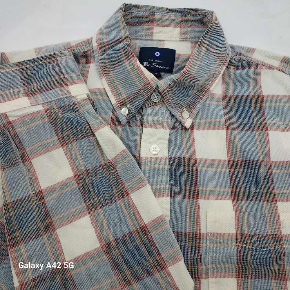 Ben Sherman Mens Plaid Button Down Shirt Medium Blue Red Textured Cotton LS